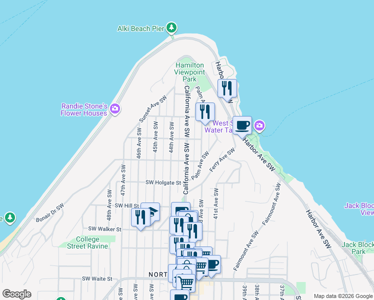 map of restaurants, bars, coffee shops, grocery stores, and more near 1609C California Avenue Southwest in Seattle