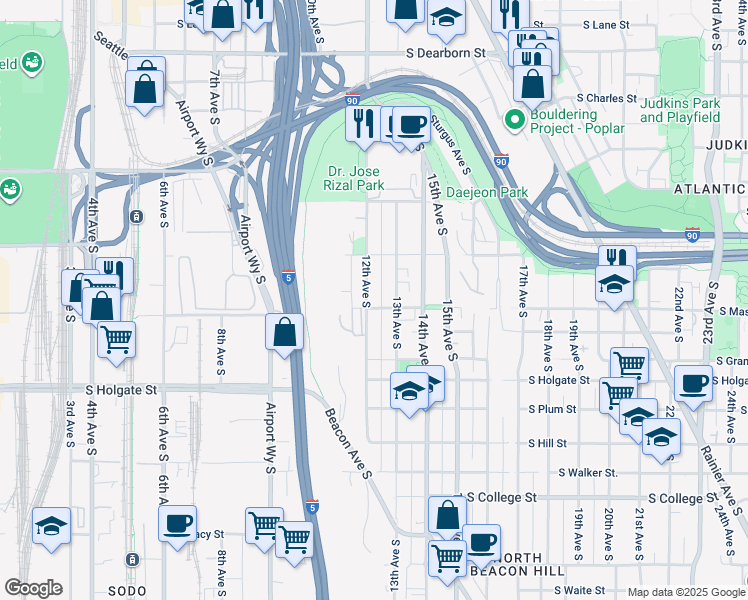 map of restaurants, bars, coffee shops, grocery stores, and more near 1533 12th Avenue South in Seattle