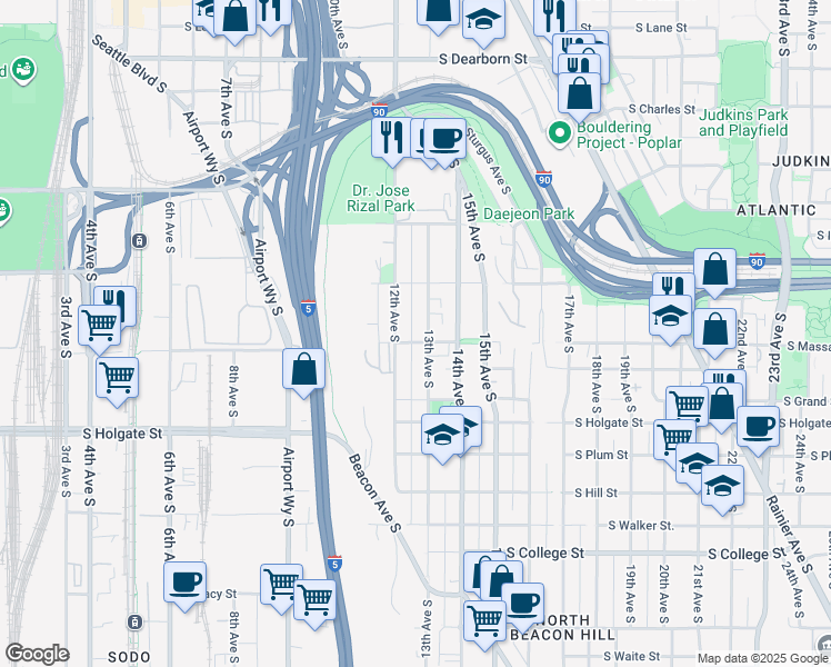 map of restaurants, bars, coffee shops, grocery stores, and more near 1539 13th Avenue South in Seattle