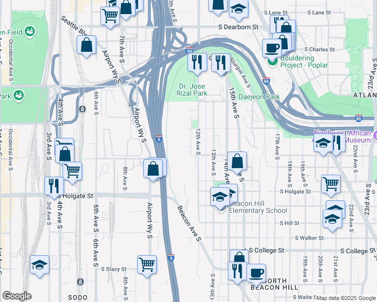 map of restaurants, bars, coffee shops, grocery stores, and more near 1100 South Massachusetts Street in Seattle