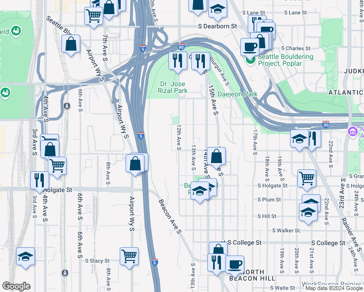 map of restaurants, bars, coffee shops, grocery stores, and more near 1533 12th Avenue South in Seattle