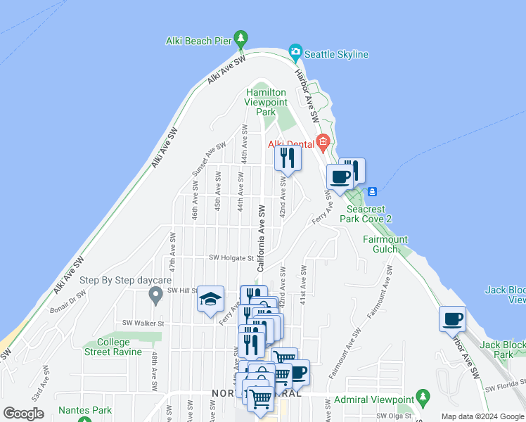 map of restaurants, bars, coffee shops, grocery stores, and more near 1609C California Avenue Southwest in Seattle