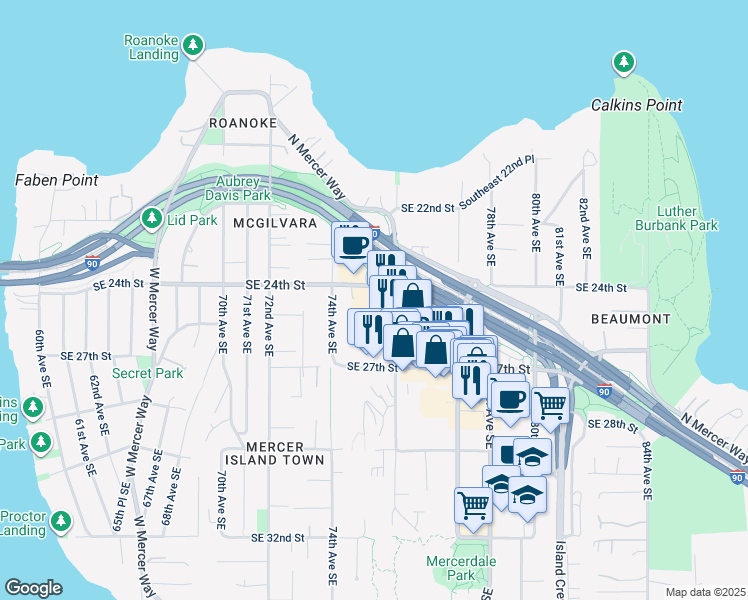 map of restaurants, bars, coffee shops, grocery stores, and more near 7525 Southeast 24th Street in Mercer Island