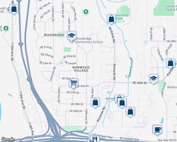 map of restaurants, bars, coffee shops, grocery stores, and more near 2428 128th Avenue Southeast in Bellevue