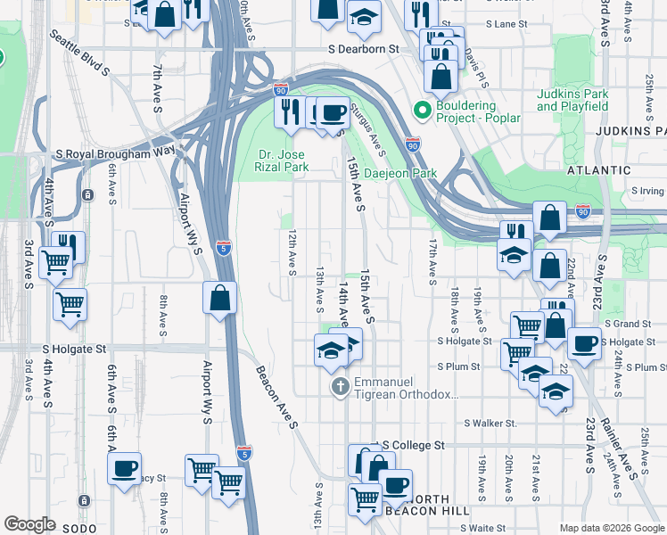 map of restaurants, bars, coffee shops, grocery stores, and more near 1541 14th Avenue South in Seattle