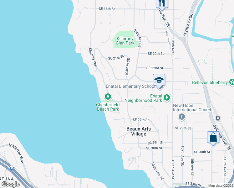 map of restaurants, bars, coffee shops, grocery stores, and more near 10314 Southeast 25th Street in Bellevue