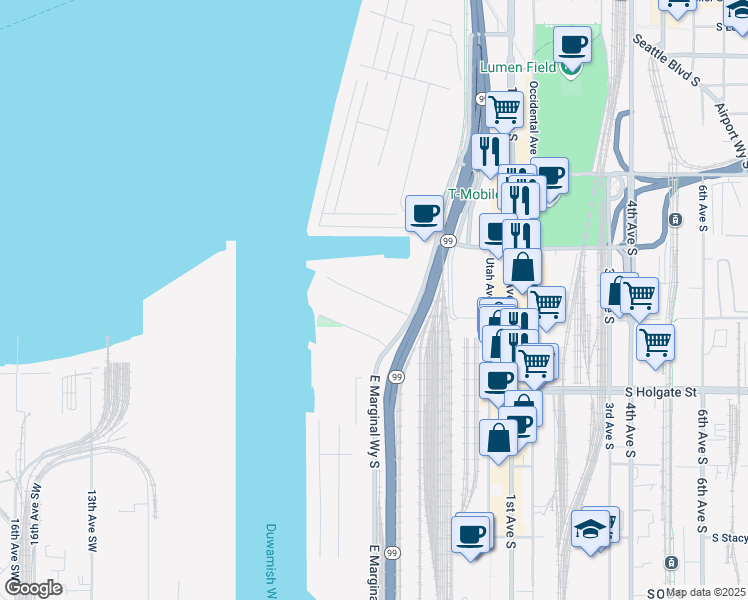 map of restaurants, bars, coffee shops, grocery stores, and more near 11 South Massachusetts Street in Seattle