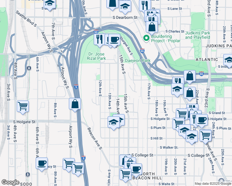 map of restaurants, bars, coffee shops, grocery stores, and more near 1539 14th Avenue South in Seattle