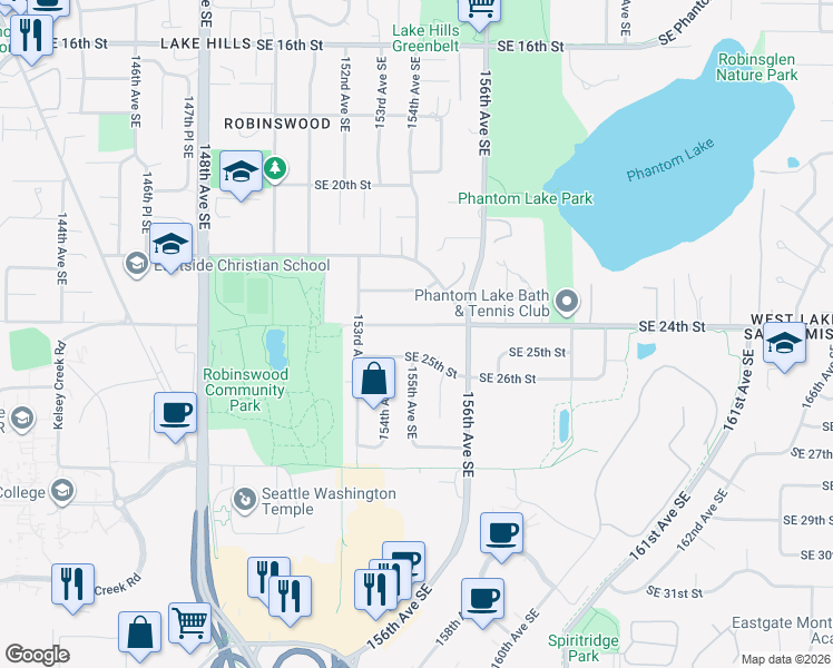 map of restaurants, bars, coffee shops, grocery stores, and more near 15502 Southeast 24th Street in Bellevue