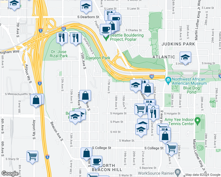 map of restaurants, bars, coffee shops, grocery stores, and more near 1533 18th Avenue South in Seattle