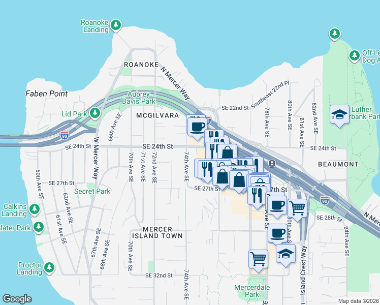 map of restaurants, bars, coffee shops, grocery stores, and more near 2400 74th Avenue Southeast in Mercer Island