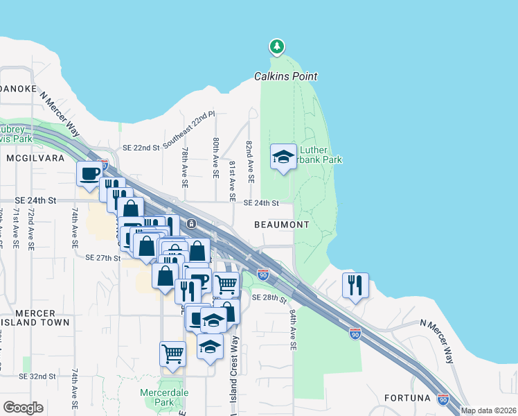 map of restaurants, bars, coffee shops, grocery stores, and more near 8221 Southeast 24th Street in Mercer Island