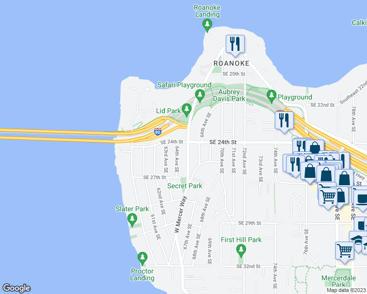 map of restaurants, bars, coffee shops, grocery stores, and more near 6415 Southeast 24th Street in Mercer Island