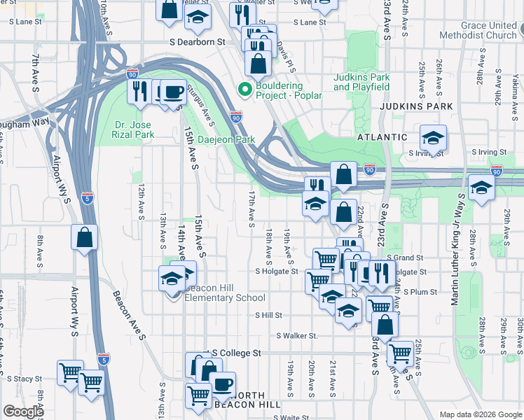 map of restaurants, bars, coffee shops, grocery stores, and more near 1539 18th Avenue South in Seattle