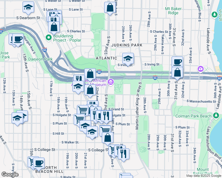 map of restaurants, bars, coffee shops, grocery stores, and more near 1533 23rd Avenue South in Seattle