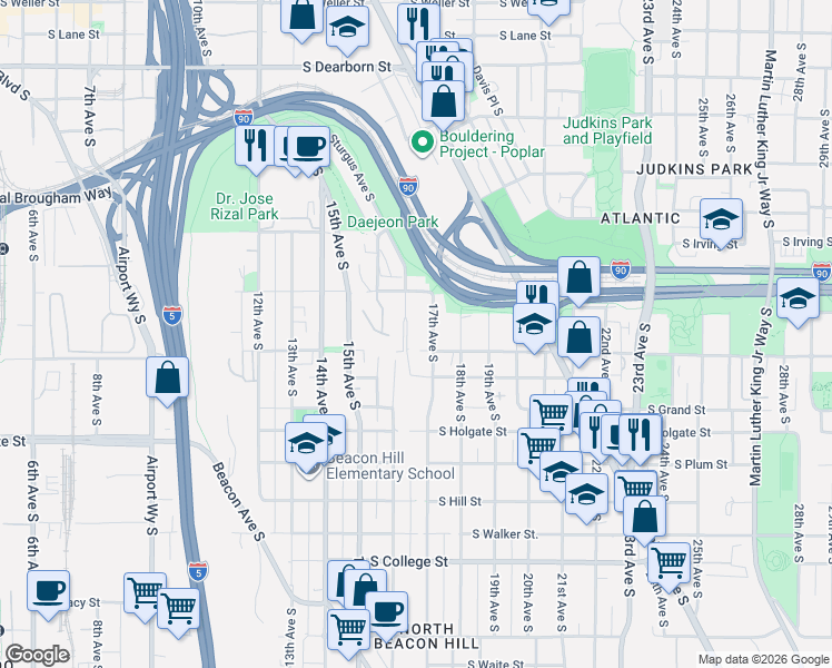map of restaurants, bars, coffee shops, grocery stores, and more near 1530B Sturgus Avenue South in Seattle
