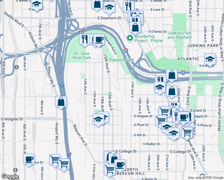 map of restaurants, bars, coffee shops, grocery stores, and more near 1539 Cherrylane Place South in Seattle