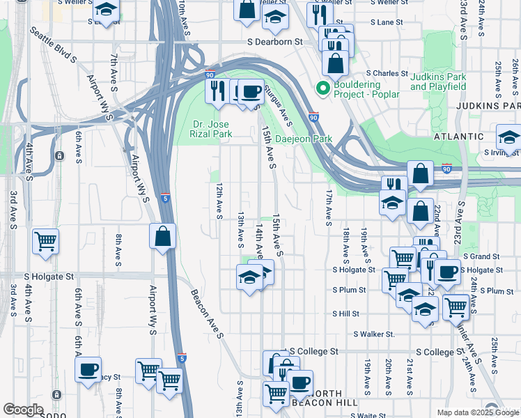 map of restaurants, bars, coffee shops, grocery stores, and more near 1530 14th Avenue South in Seattle