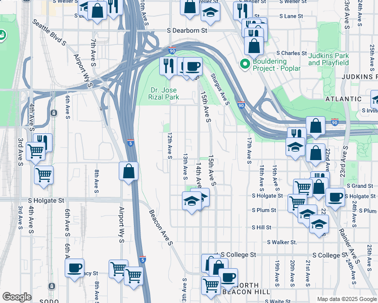 map of restaurants, bars, coffee shops, grocery stores, and more near 1538 13th Avenue South in Seattle