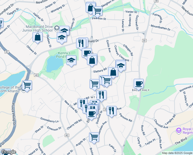 map of restaurants, bars, coffee shops, grocery stores, and more near 2A Tobin Crescent in St. John's