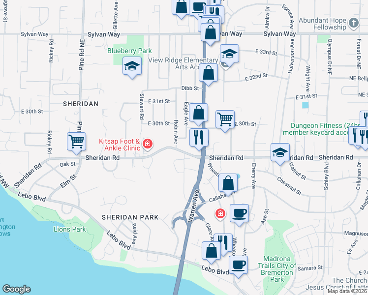 map of restaurants, bars, coffee shops, grocery stores, and more near 1026 Sheridan Road in Bremerton