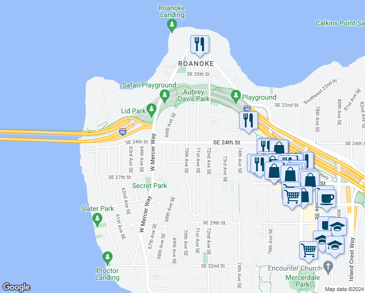 map of restaurants, bars, coffee shops, grocery stores, and more near 2407 70th Avenue Southeast in Mercer Island