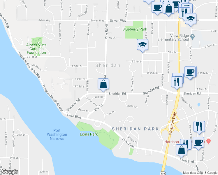 map of restaurants, bars, coffee shops, grocery stores, and more near 2732 Pine Road Northeast in Bremerton
