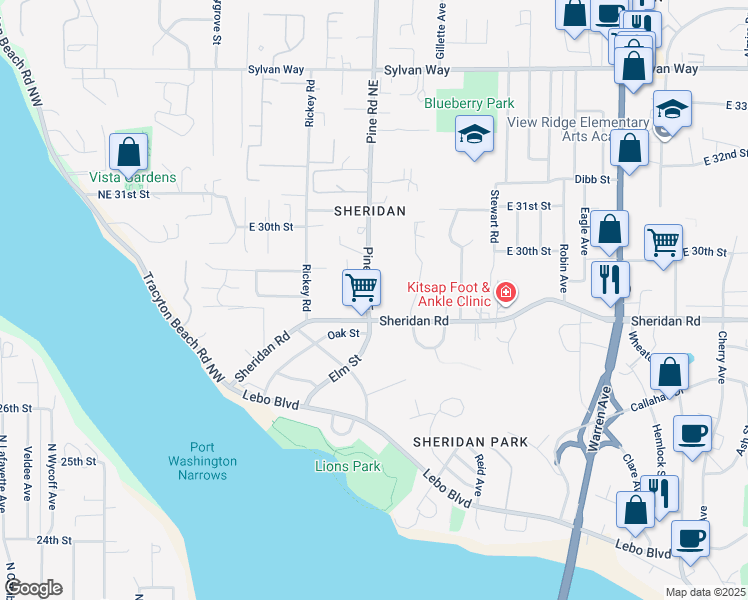 map of restaurants, bars, coffee shops, grocery stores, and more near 2726 Pine Road Northeast in Bremerton