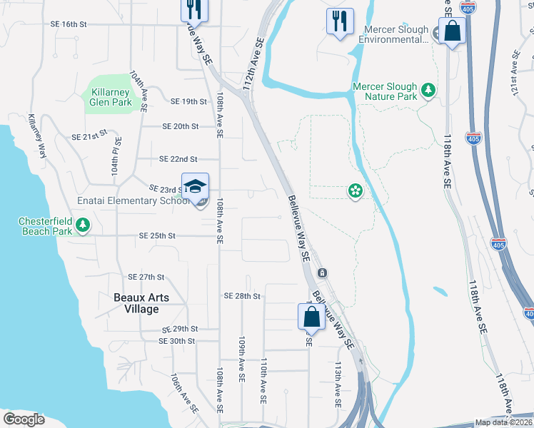 map of restaurants, bars, coffee shops, grocery stores, and more near 11000 Southeast 24th Place in Bellevue