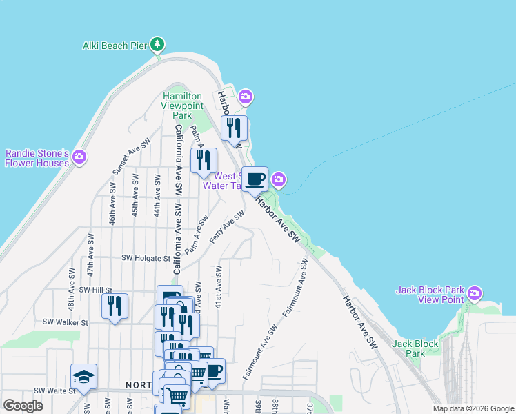 map of restaurants, bars, coffee shops, grocery stores, and more near 1569 Ferry Avenue Southwest in Seattle