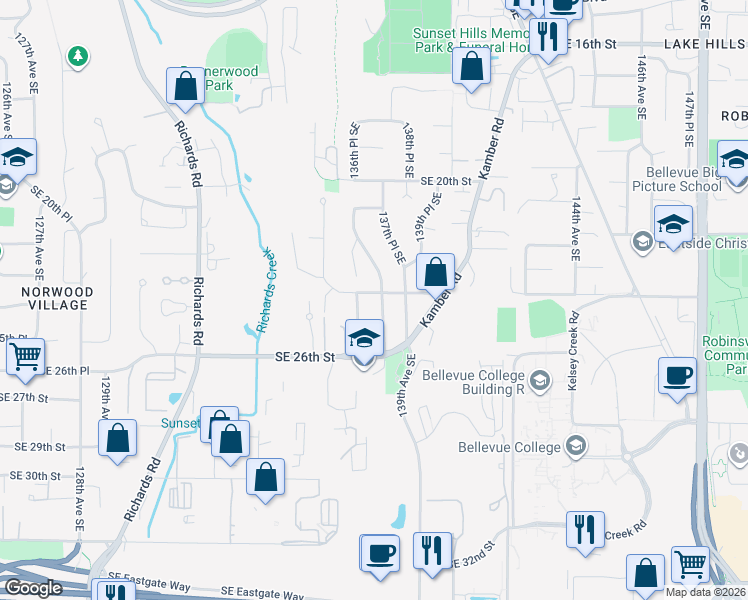 map of restaurants, bars, coffee shops, grocery stores, and more near 2405 138th Avenue Southeast in Bellevue