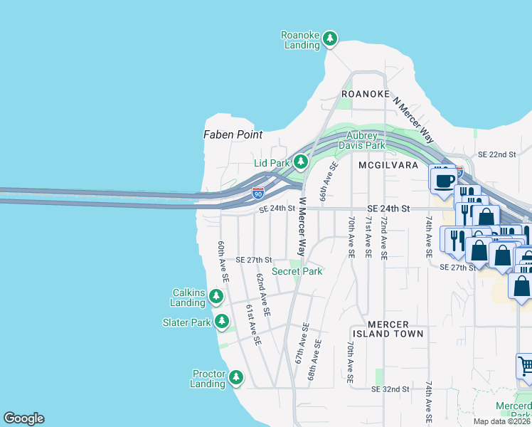 map of restaurants, bars, coffee shops, grocery stores, and more near 2400 63rd Avenue Southeast in Mercer Island