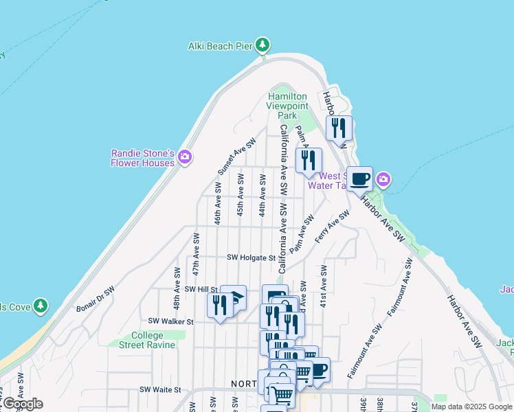 map of restaurants, bars, coffee shops, grocery stores, and more near 1609 44th Avenue Southwest in Seattle