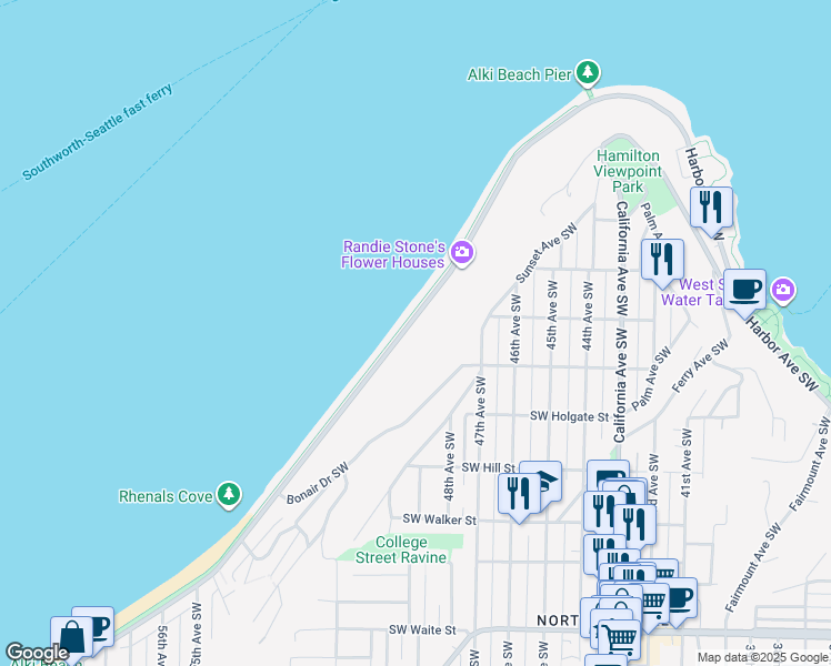 map of restaurants, bars, coffee shops, grocery stores, and more near 1564 Alki Avenue Southwest in Seattle