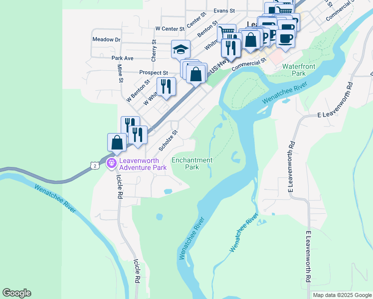 map of restaurants, bars, coffee shops, grocery stores, and more near 100 Enchantment Park Way in Leavenworth