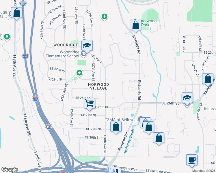 map of restaurants, bars, coffee shops, grocery stores, and more near 2404 128th Avenue Southeast in Bellevue