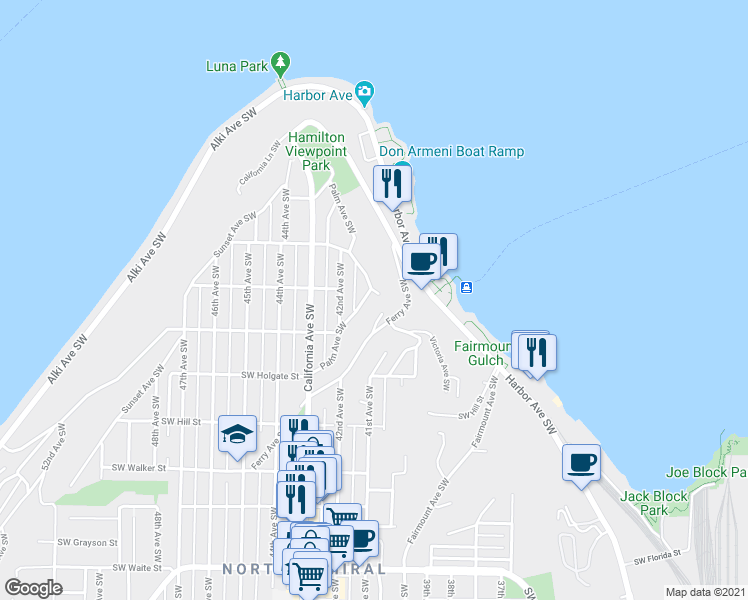 map of restaurants, bars, coffee shops, grocery stores, and more near 1604 Palm Avenue Southwest in Seattle