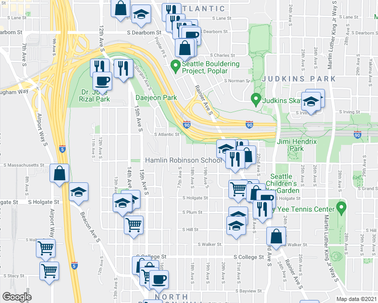 map of restaurants, bars, coffee shops, grocery stores, and more near 1533 18th Avenue South in Seattle