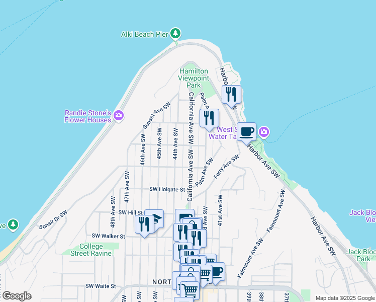 map of restaurants, bars, coffee shops, grocery stores, and more near 1609C California Avenue Southwest in Seattle