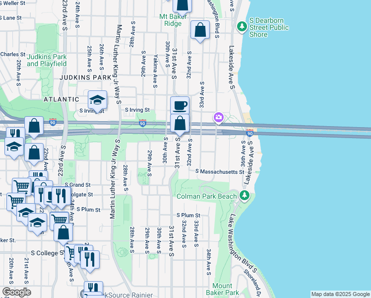 map of restaurants, bars, coffee shops, grocery stores, and more near 1513 32nd Avenue South in Seattle