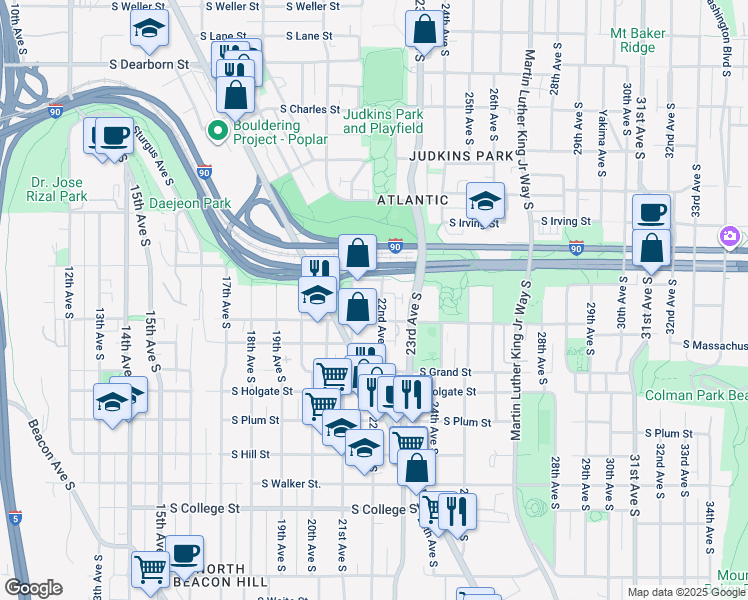 map of restaurants, bars, coffee shops, grocery stores, and more near 1517 22nd Avenue South in Seattle