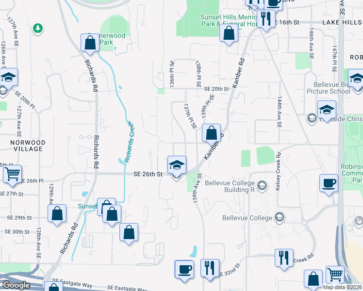 map of restaurants, bars, coffee shops, grocery stores, and more near 2405 138th Avenue Southeast in Bellevue