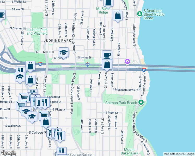 map of restaurants, bars, coffee shops, grocery stores, and more near 1512 30th Avenue South in Seattle