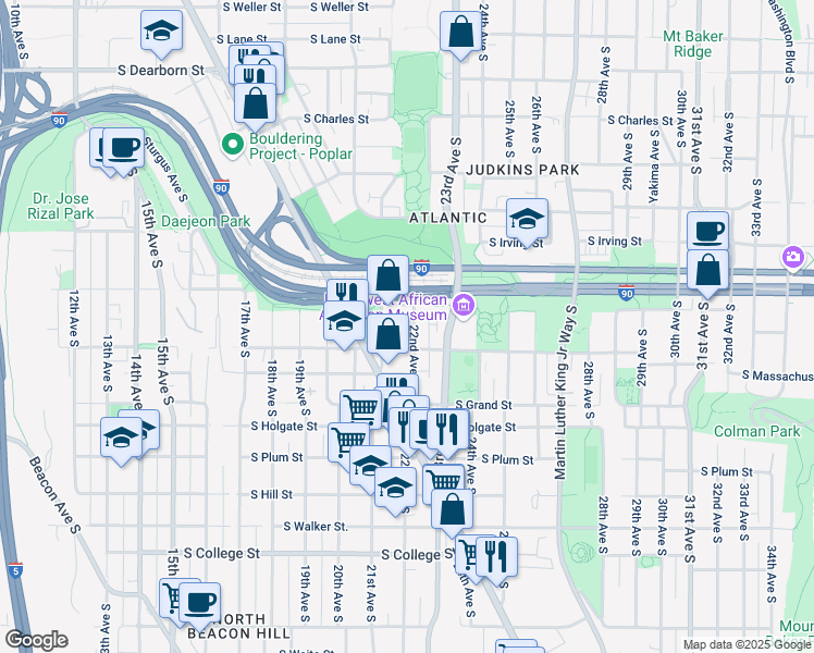 map of restaurants, bars, coffee shops, grocery stores, and more near 1517 22nd Avenue South in Seattle