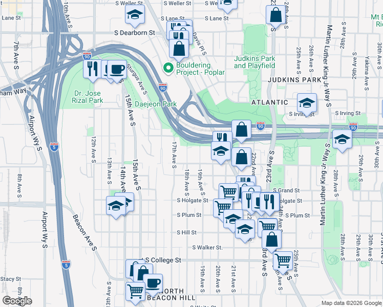 map of restaurants, bars, coffee shops, grocery stores, and more near in Seattle
