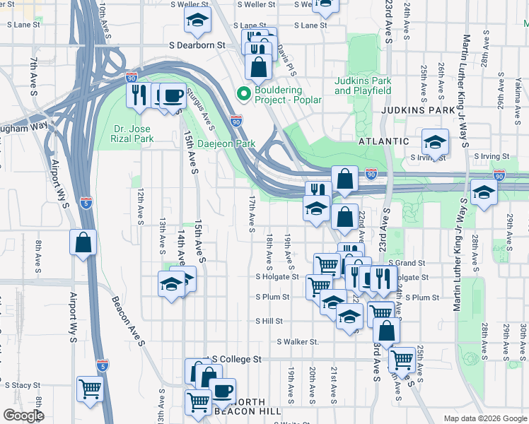 map of restaurants, bars, coffee shops, grocery stores, and more near 1533 18th Avenue South in Seattle