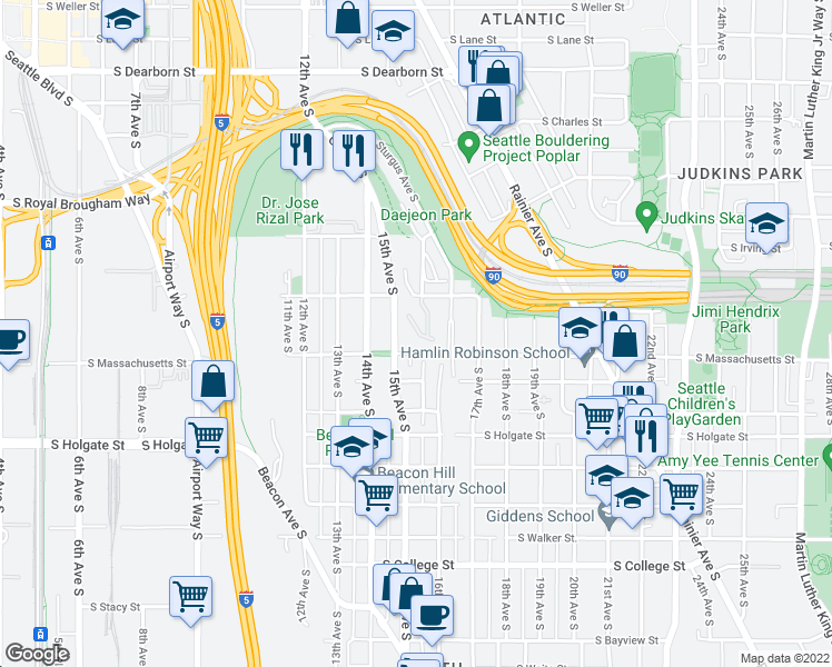 map of restaurants, bars, coffee shops, grocery stores, and more near 1539 Cherrylane Place South in Seattle