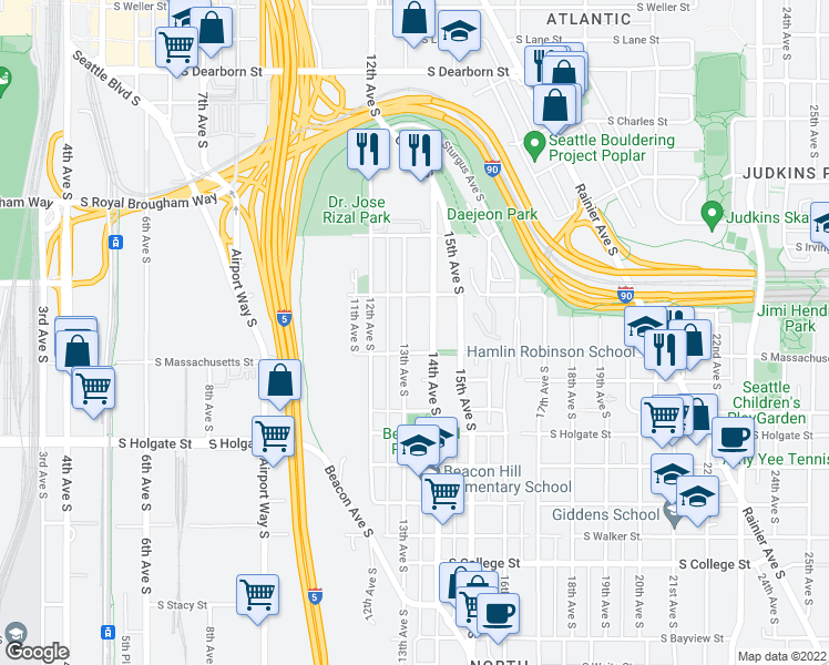 map of restaurants, bars, coffee shops, grocery stores, and more near 1538 13th Avenue South in Seattle
