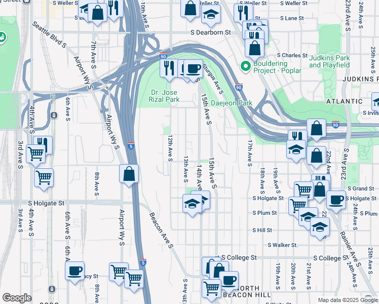 map of restaurants, bars, coffee shops, grocery stores, and more near 1538 13th Avenue South in Seattle