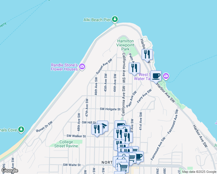 map of restaurants, bars, coffee shops, grocery stores, and more near 1609 44th Avenue Southwest in Seattle